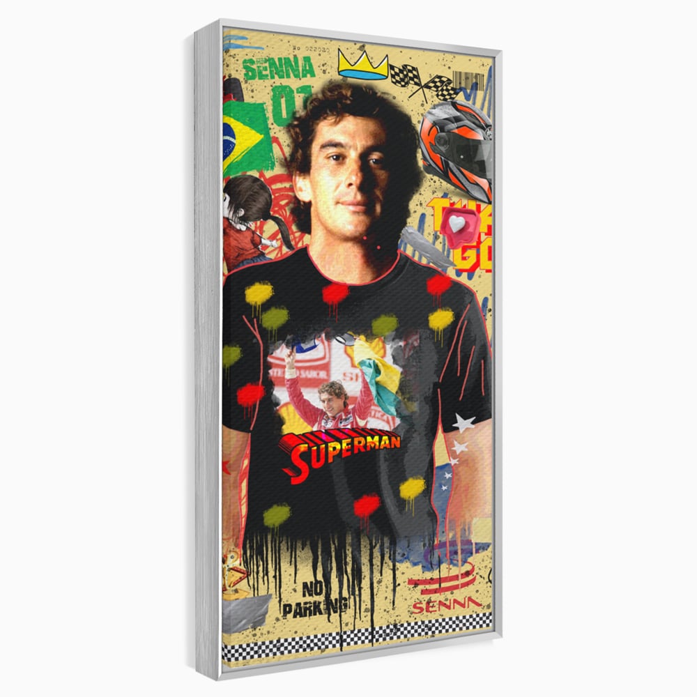 Tablou canvas cu tablou canvas cu ayrton senna, in rama de aluminiu argintiu